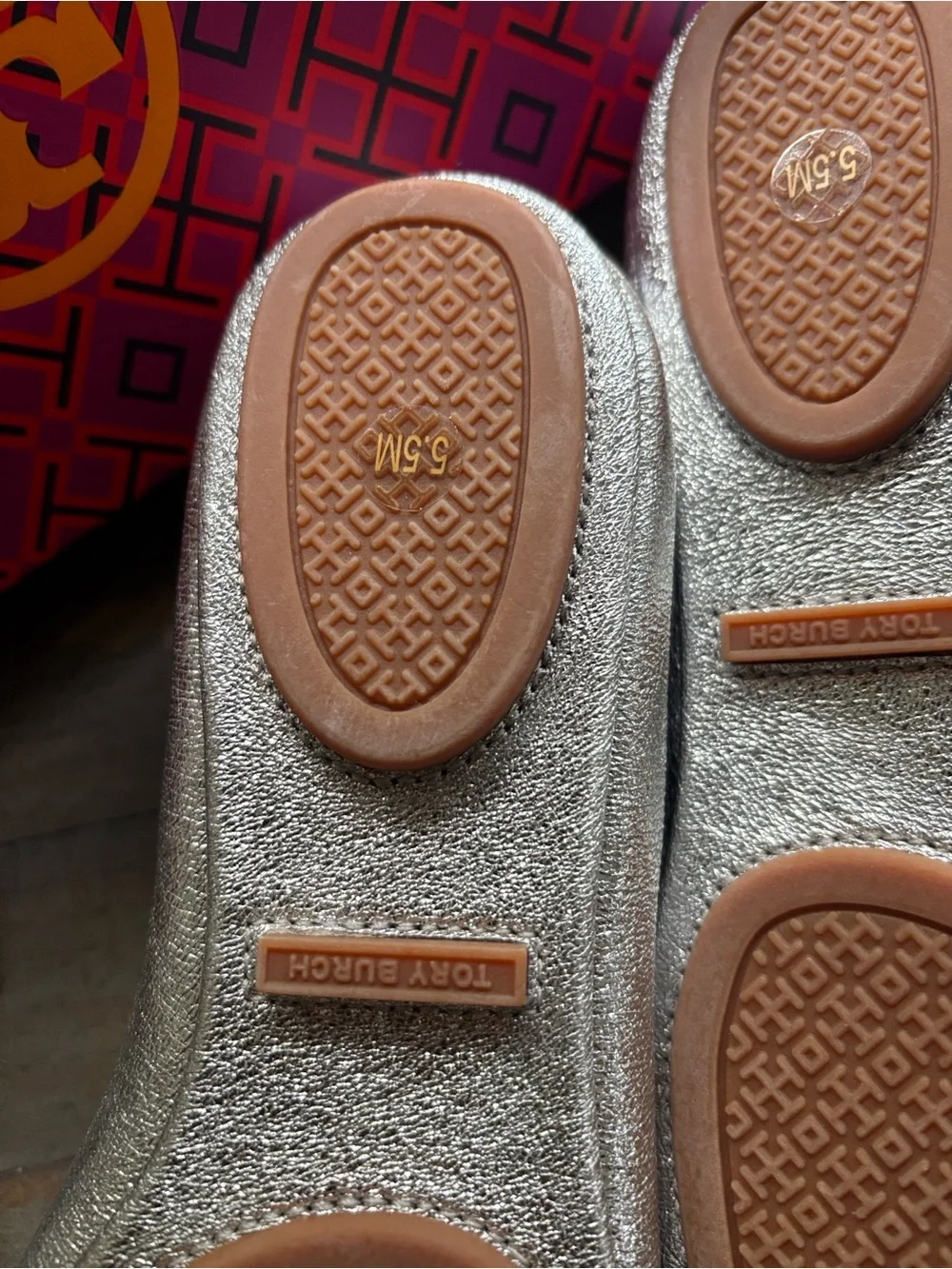 Tory Burch Minnie Travel Silver Ballet Flats 5.5